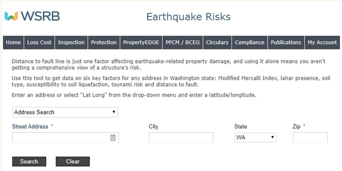 Earthquake risks search page